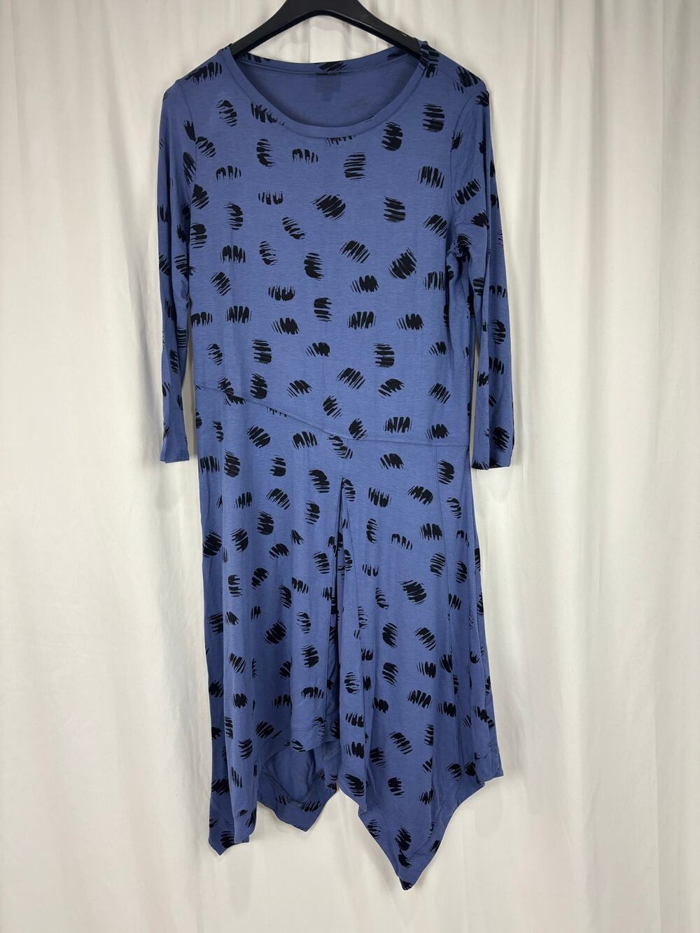 Lisa Bayne Abstract Brushstroke Sharkbite Hem Dress Blue Black Lagenlook Midi S